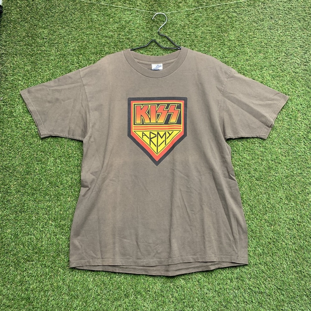 KISS Army Shirt Mens XL Brown Rock Band Vintage Style Graphic Tee Cronies USA